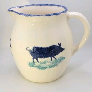 VTG Dorset Delft Pig Creamer Pitcher Blue Spongeware Stoneware England Farmhouse